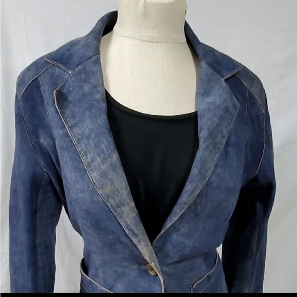 Andrew Marc Blue Leather Blazer Size Small - Picture 2 of 7